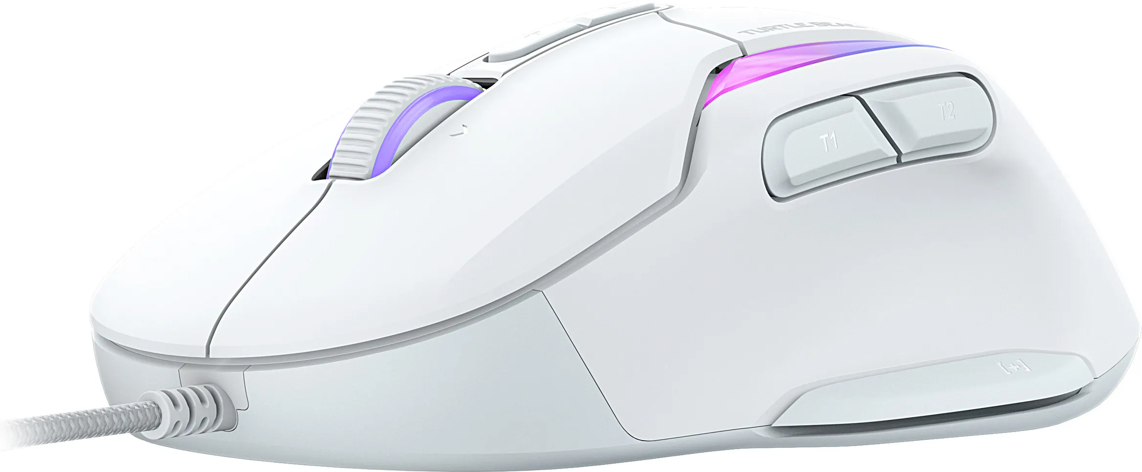 Mouse da gioco bianco con dettagli viola, pulsanti laterali e rotella di scorrimento.