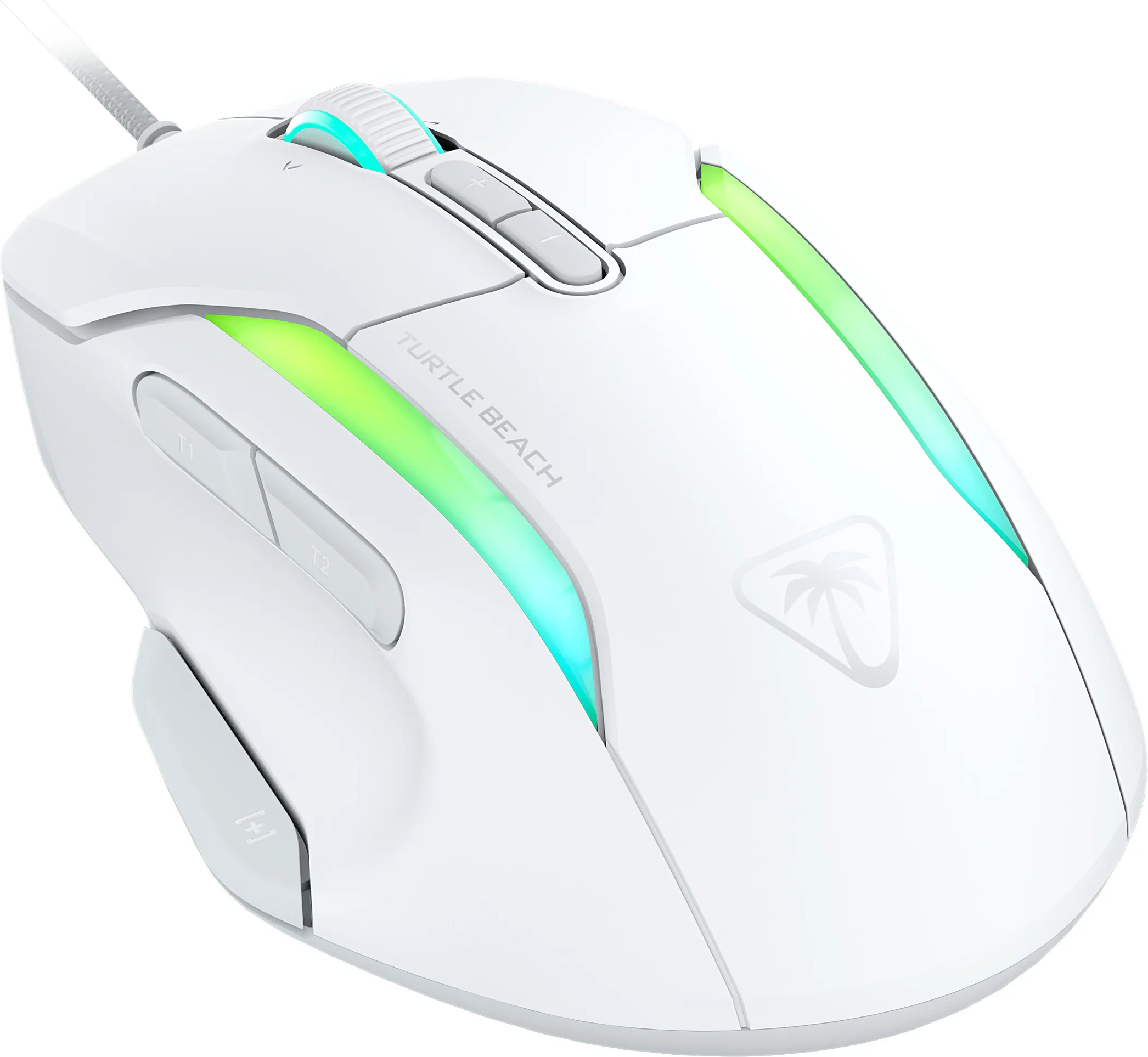 Mouse gaming bianco con luci e pulsanti colorati, con logo a palma.