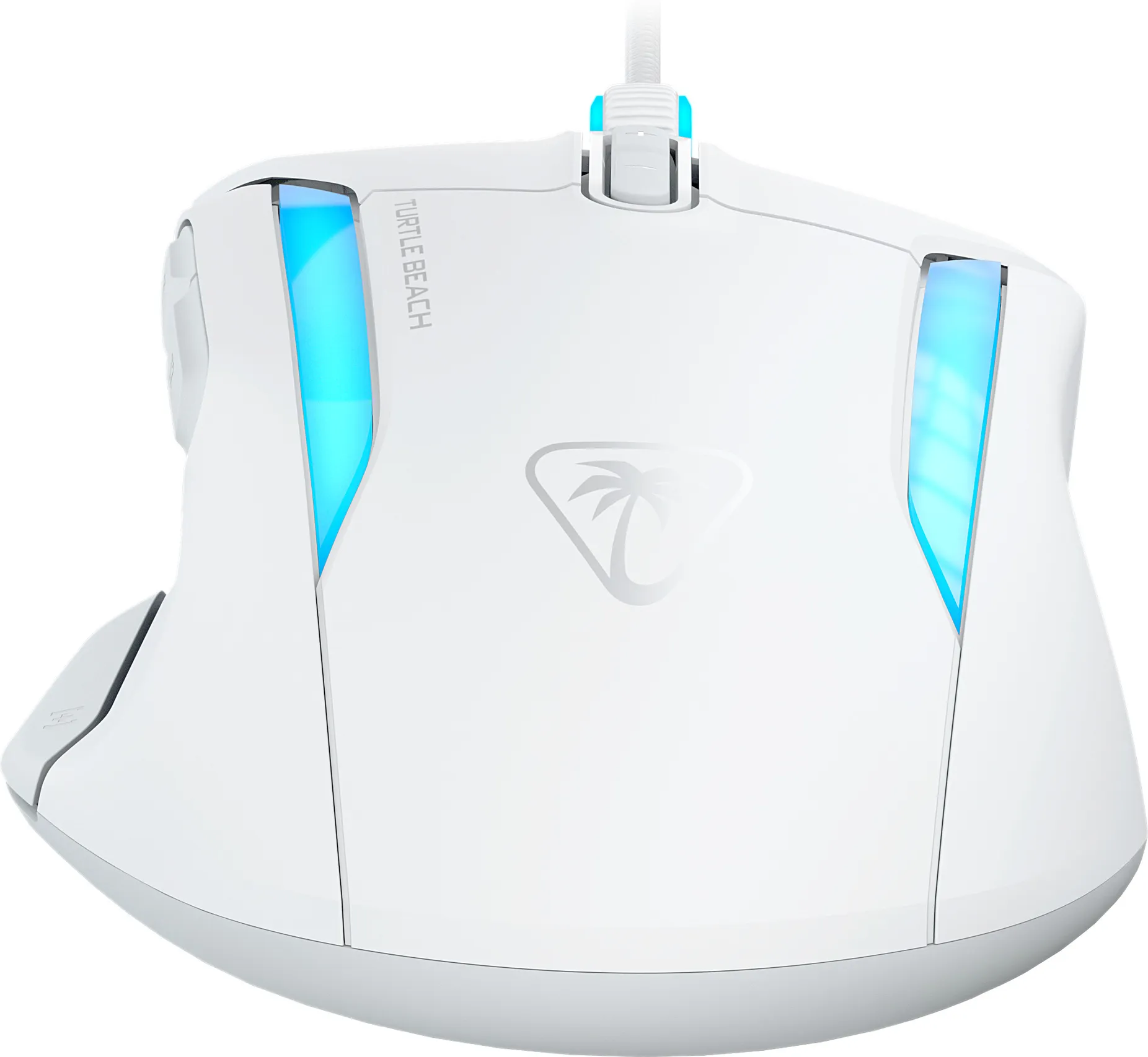 Un mouse da gaming bianco con accenti di illuminazione blu e il logo Turtle Beach.