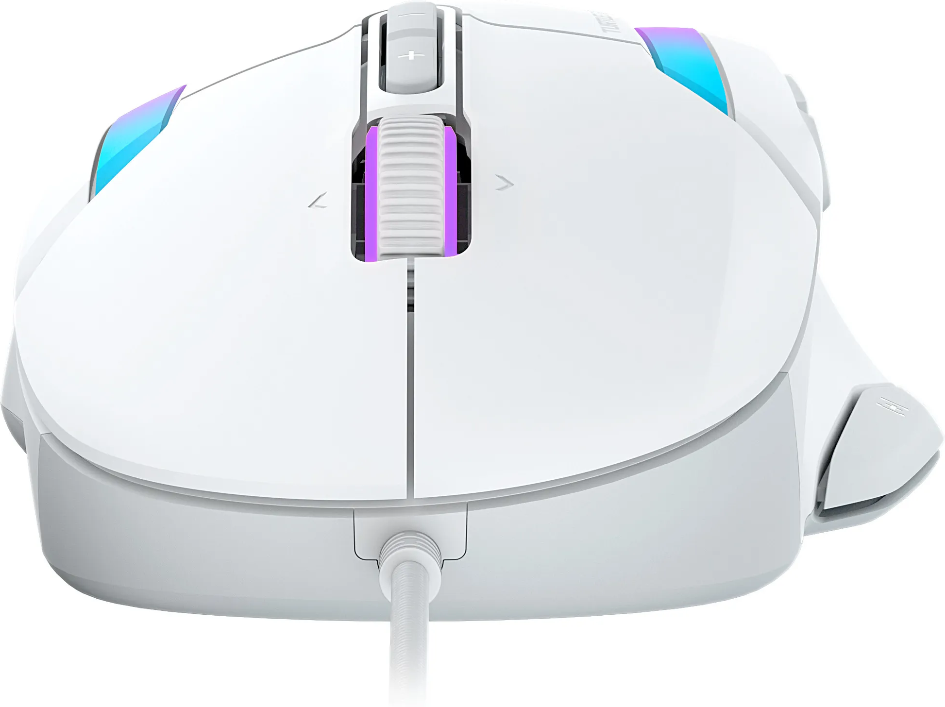 Mouse da gioco bianco con accenti di illuminazione viola e blu e connessione cablata.