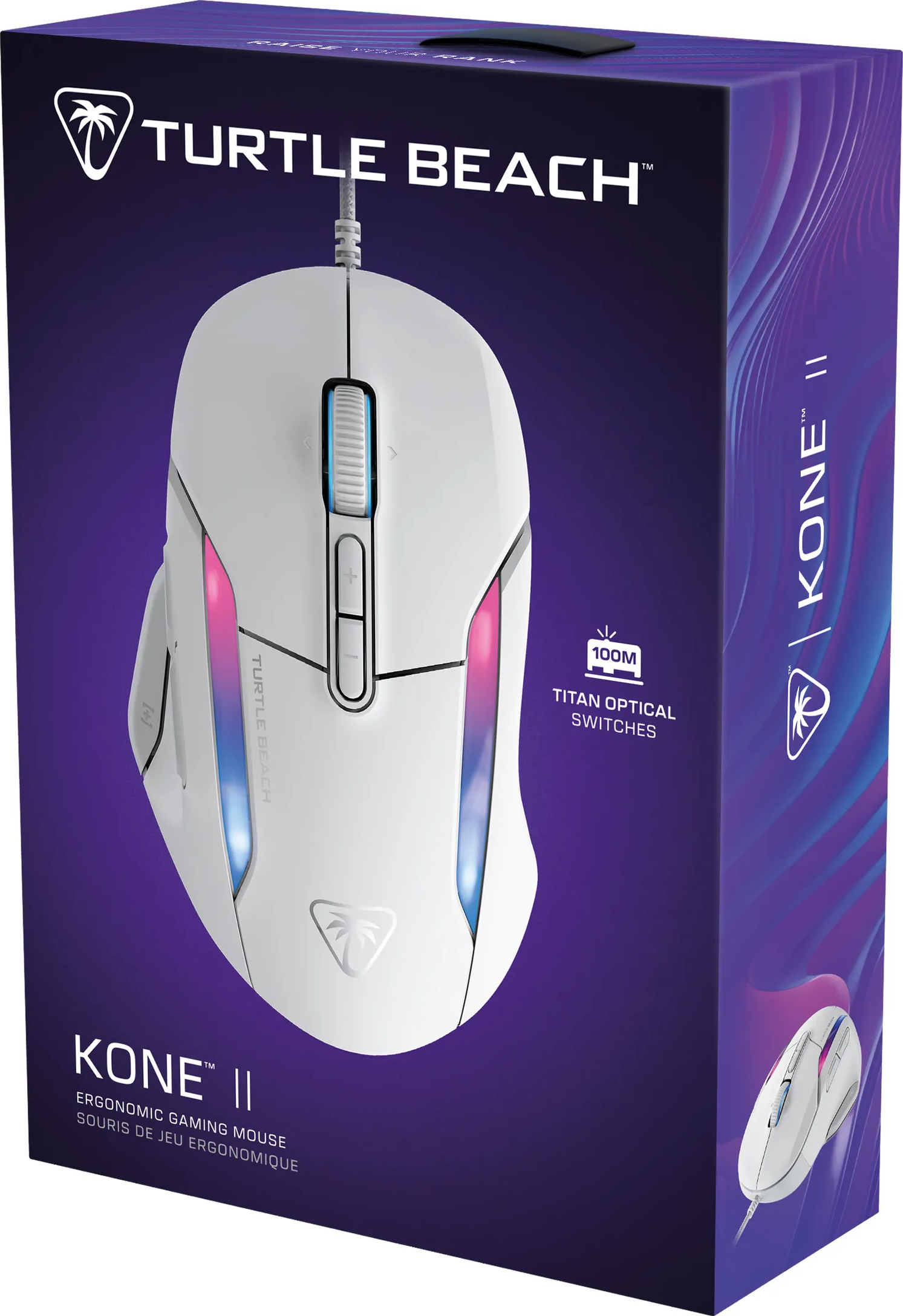 Mouse da gaming bianco su scatola con sfondo viola e marchio Turtle Beach.