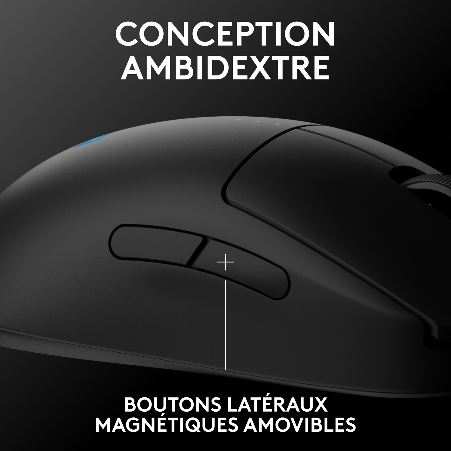 Souris noire avec boutons latéraux. Signe plus sur un bouton latéral.