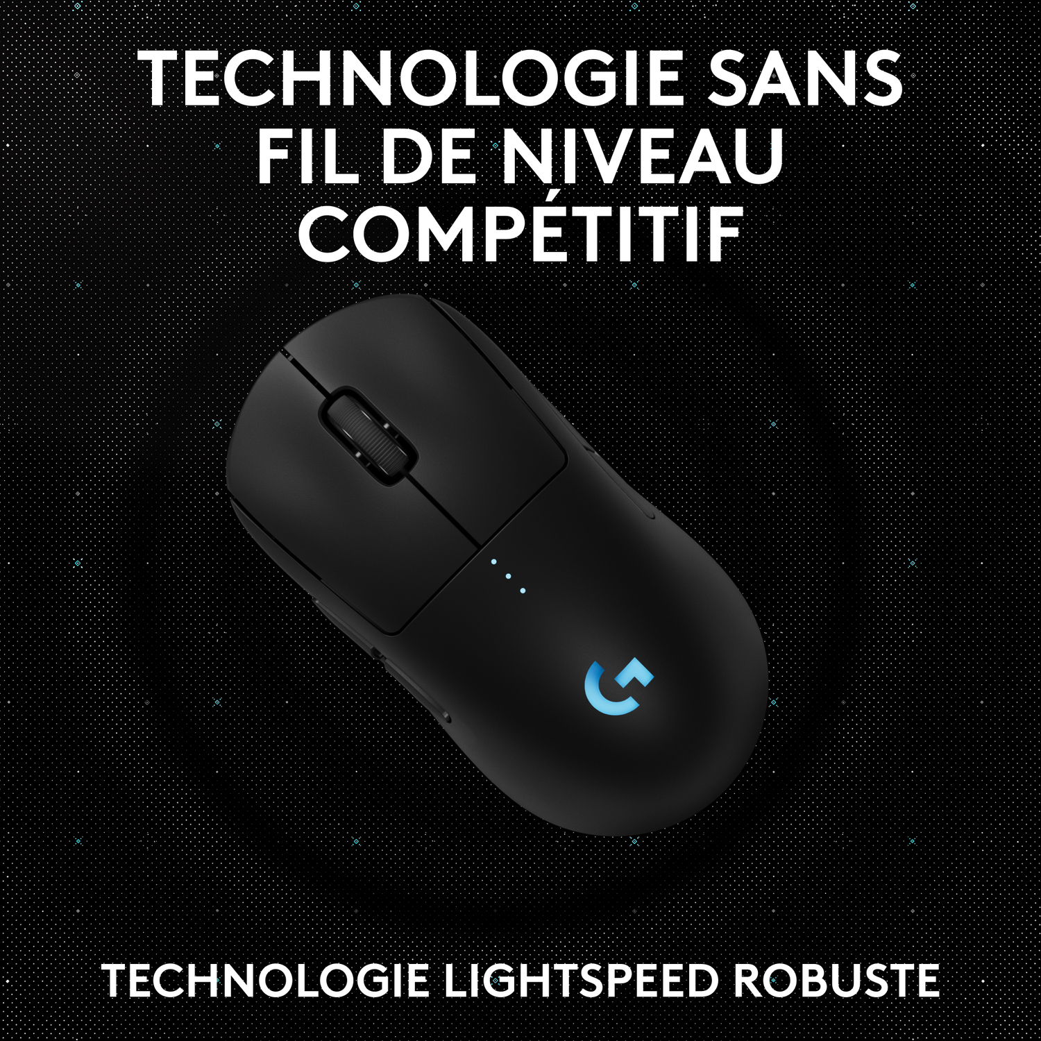 Une souris sans fil noire avec molette et logo sur fond sombre.