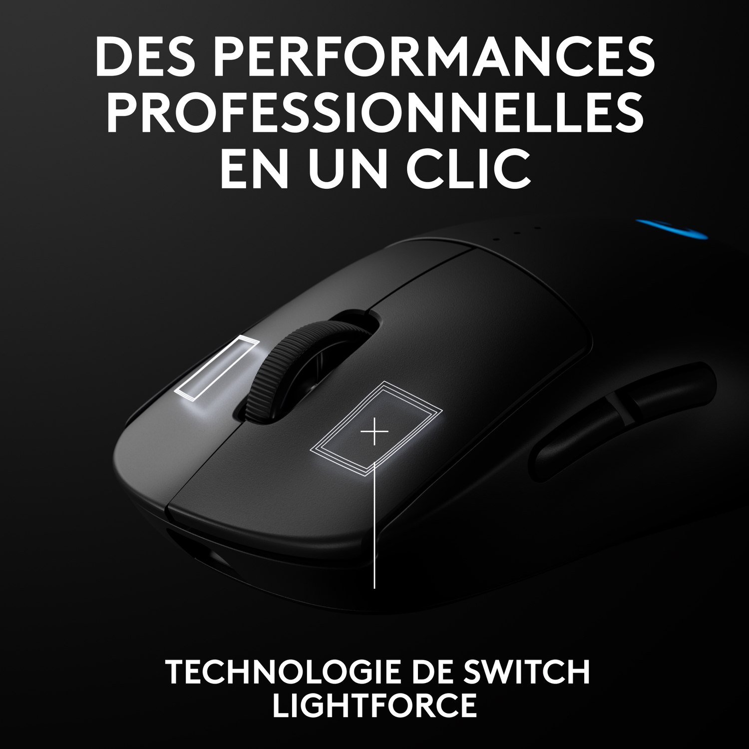 Souris de jeu noire avec une molette et deux boutons. Le fond est sombre.