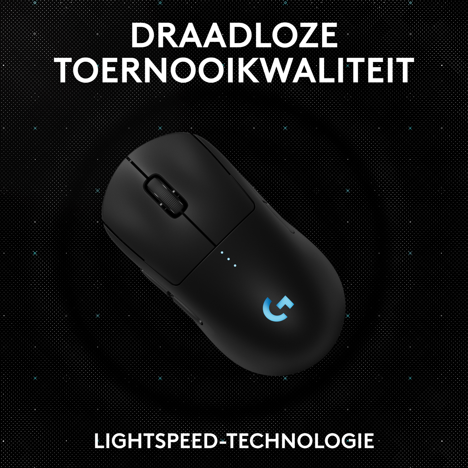 Zwarte gamingmuis met blauwe lichten, op een donkere achtergrond. Tekst 'Lightspeed Technology'.