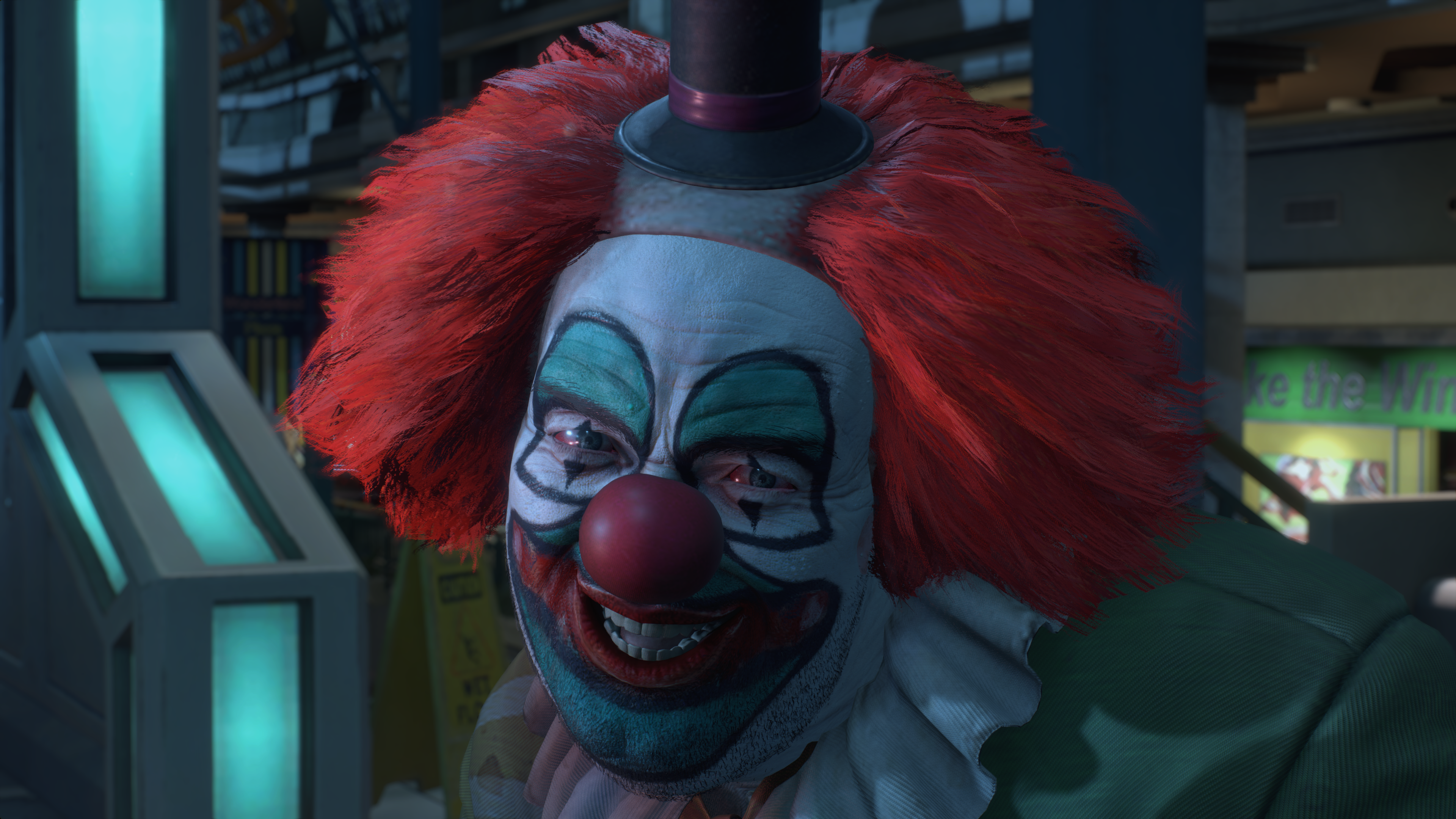 Un clown souriant avec des cheveux rouges et un visage peint, dans un cadre coloré.