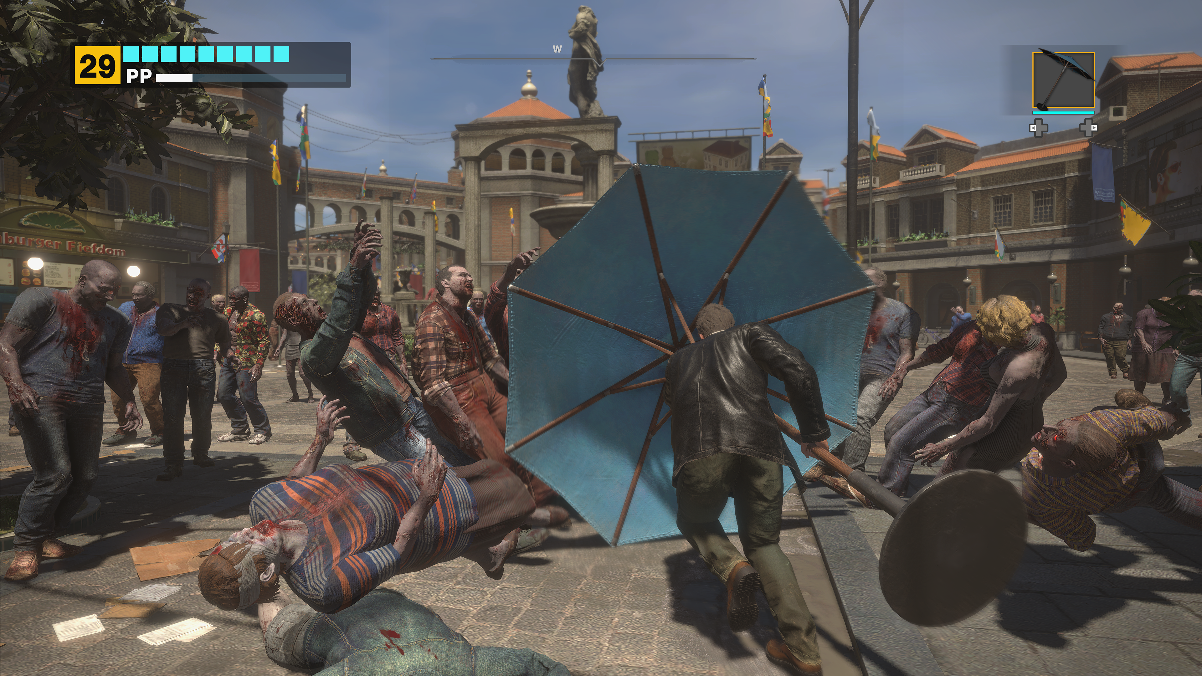 Un homme combat des zombies avec un parapluie. Plusieurs zombies sont au sol. Des bâtiments sont en arrière-plan.