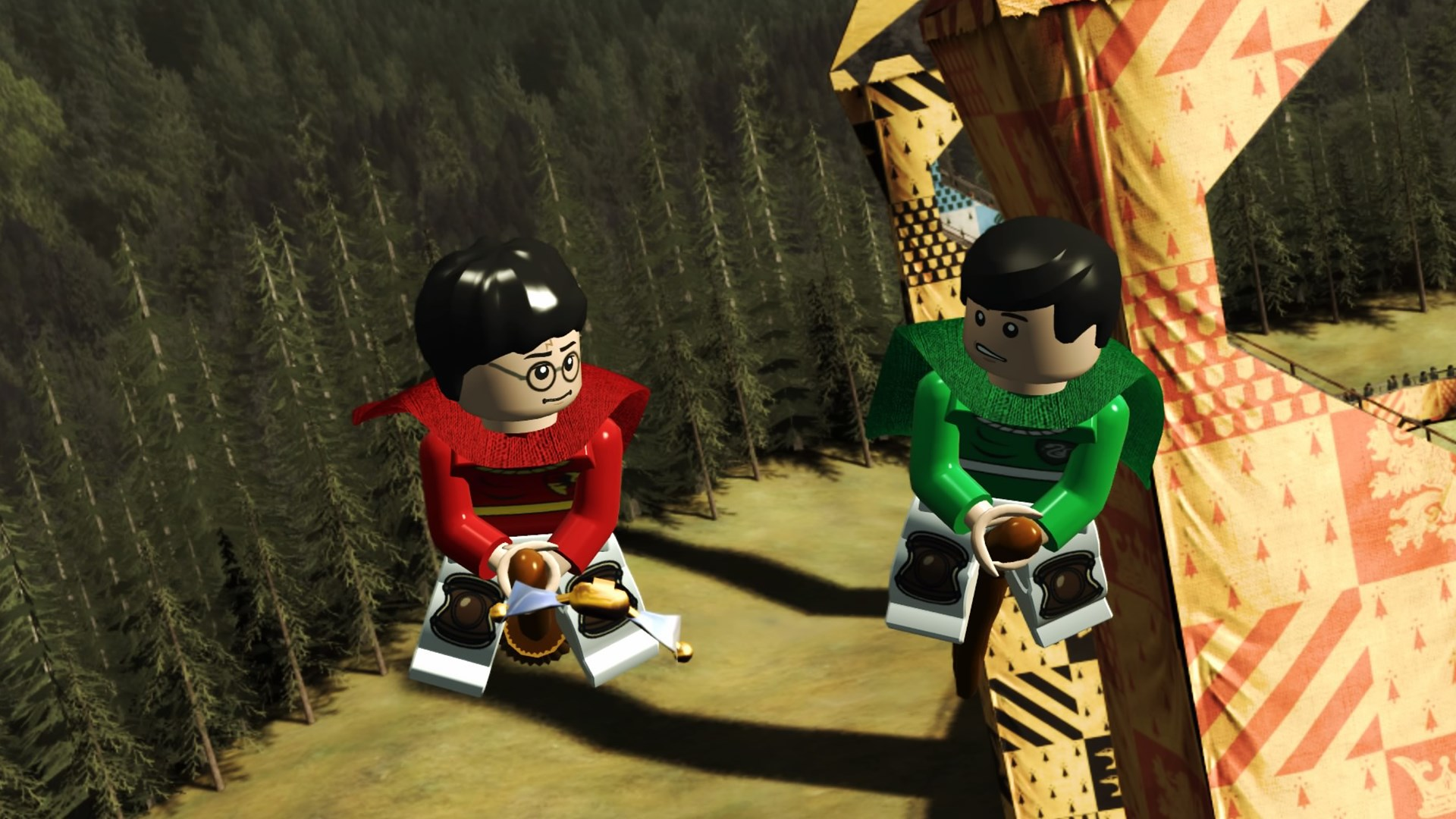 Lego Harry Potter Figuren auf Besen über einem Wald fliegend. Cartoon-Stil.