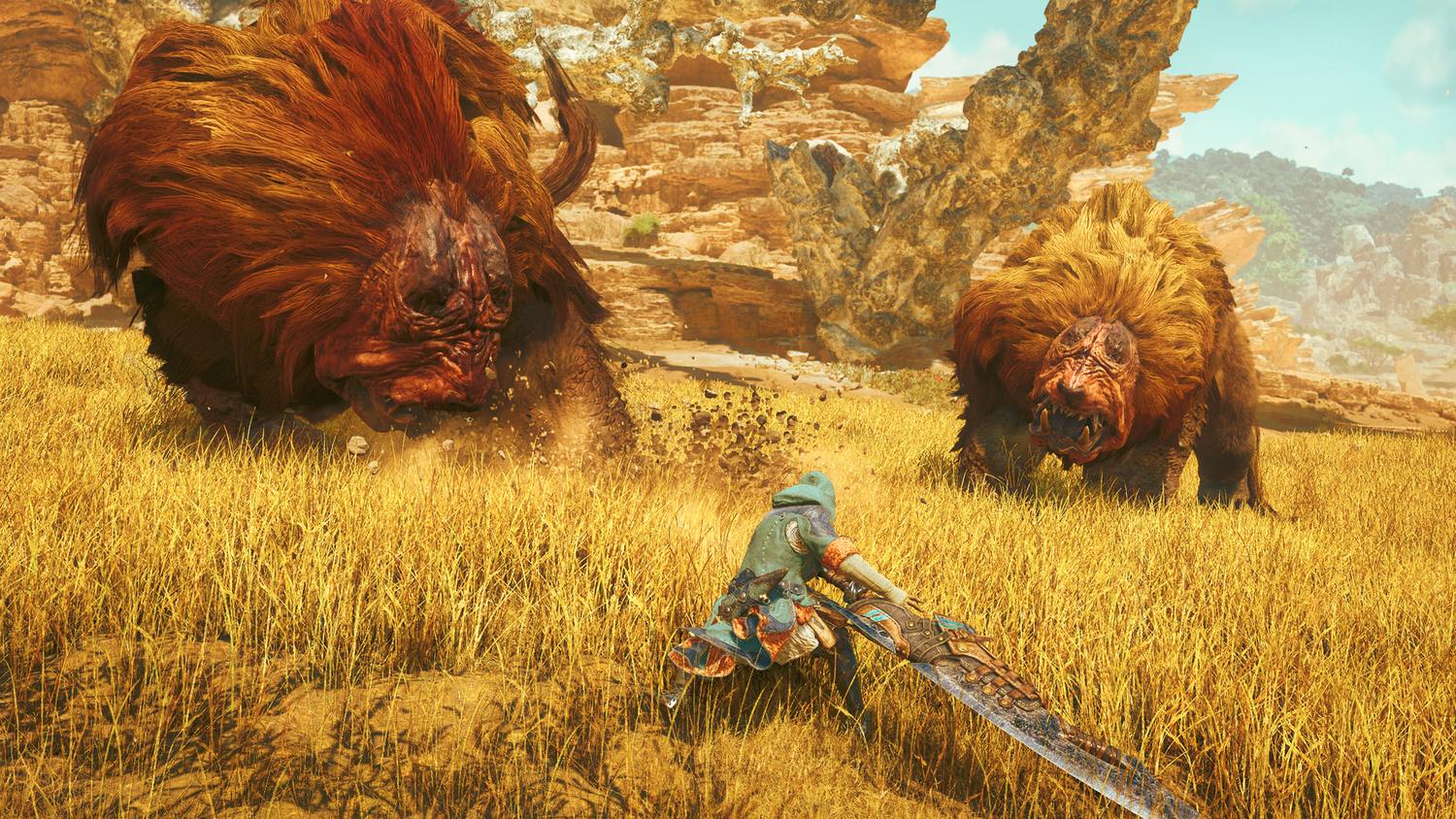 Una escena de juego con un personaje luchando contra dos monstruos grandes y peludos en un paisaje rocoso y herboso.