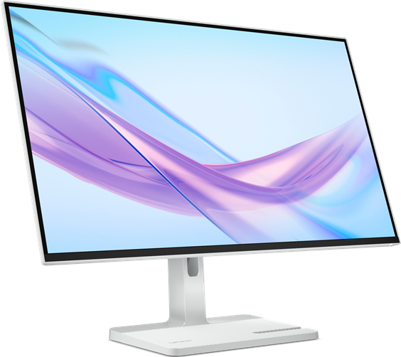 Ein weißer Monitor steht auf einem weißen Ständer mit blauem und lila Hintergrund.