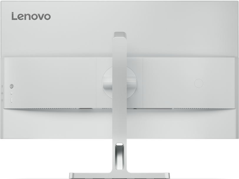 Die Rückseite eines weißen Computermonitors mit Ständer. Das Lenovo-Logo befindet sich oben.