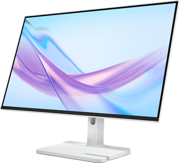 Weißer Computermonitor mit schmalem Rahmen. Zeigt ein farbenfrohes, abstraktes Bild.