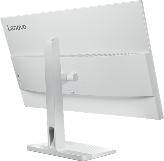 Rückansicht eines weißen Lenovo-Monitors. Er hat eine gewölbte Rückseite, einen Ständer und das Lenovo-Logo.