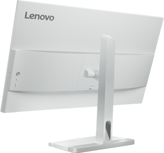 Rückansicht eines weißen Lenovo-Monitors mit Ständer. Graues Lenovo-Logo sichtbar.