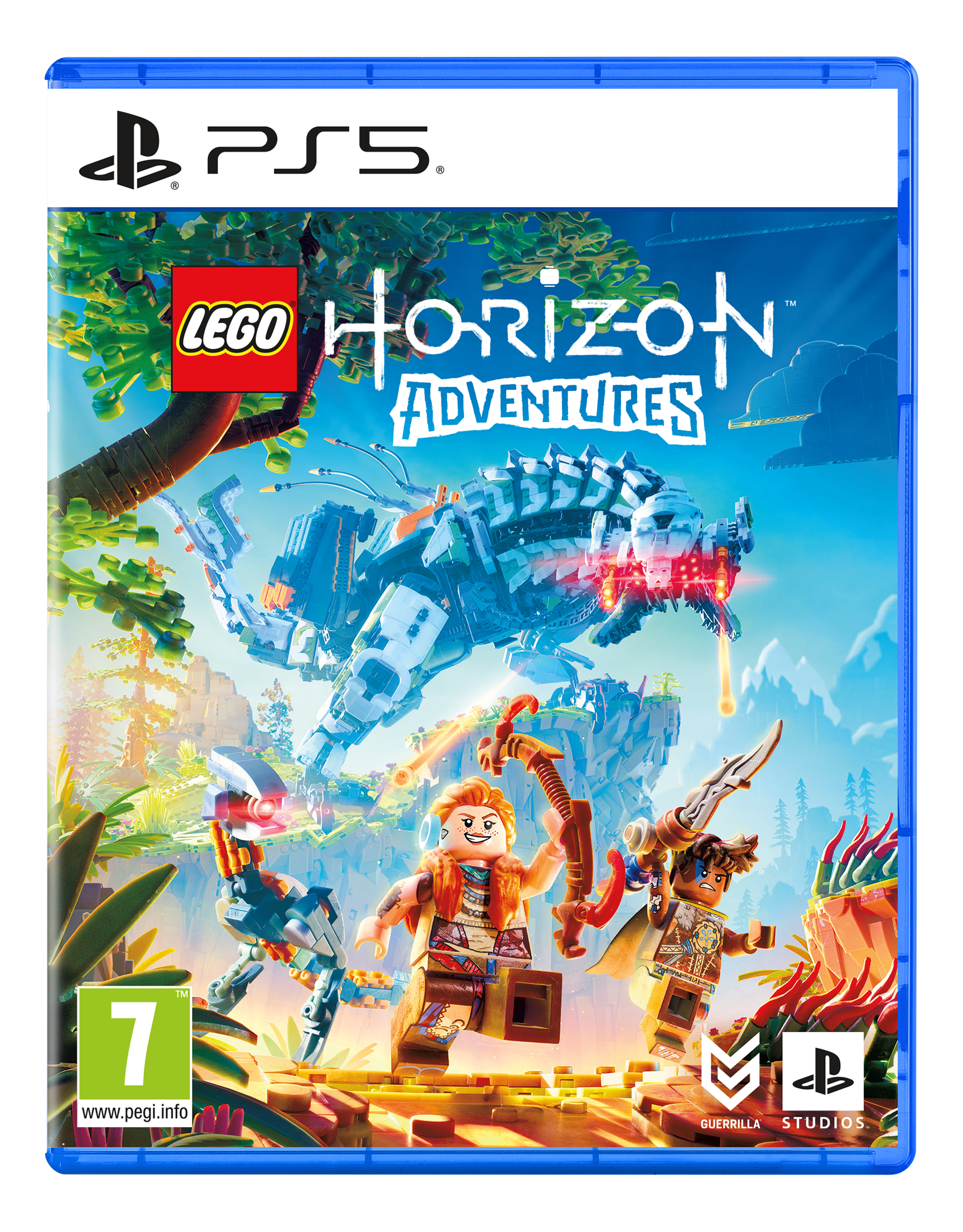 Custodia del gioco PS5: Lego Horizon Adventures. Personaggi Lego colorati sulla copertina. Sfondo blu.
