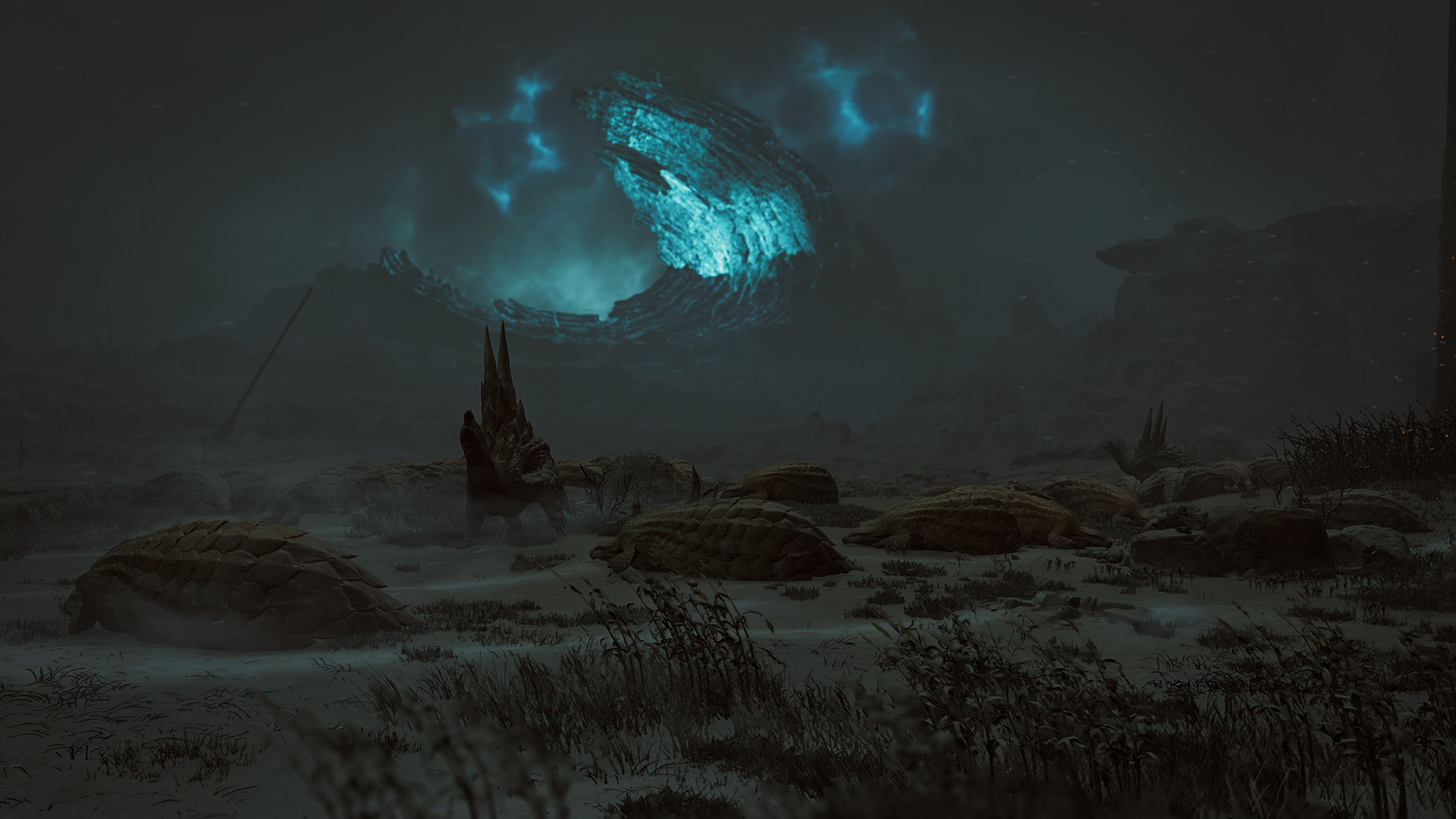 Paysage de science-fiction avec d'étranges formations rocheuses, une structure lumineuse et du brouillard.