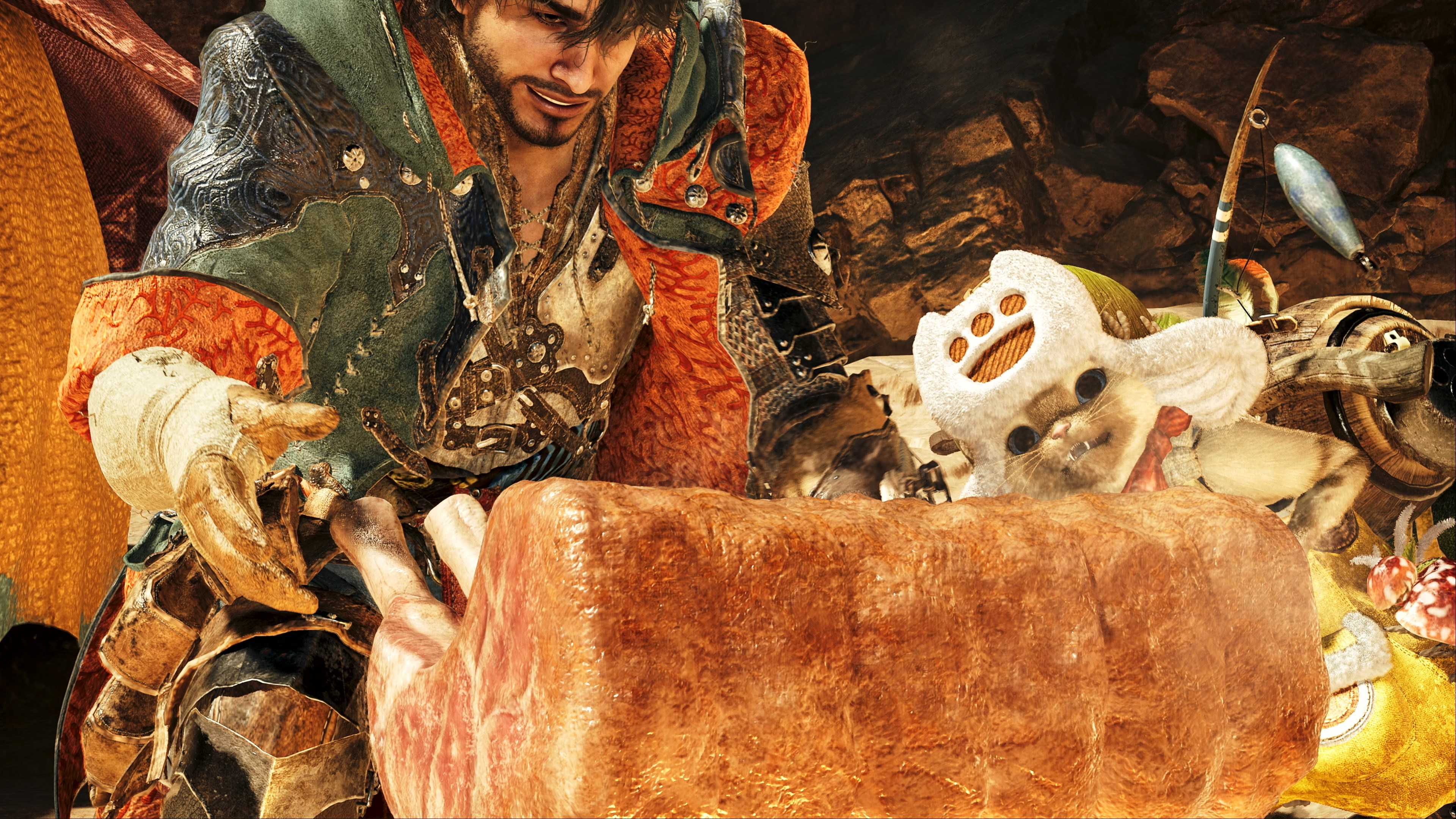 Un homme préparant de la viande à côté d'un animal en peluche et d'autres objets dans une scène de jeu.