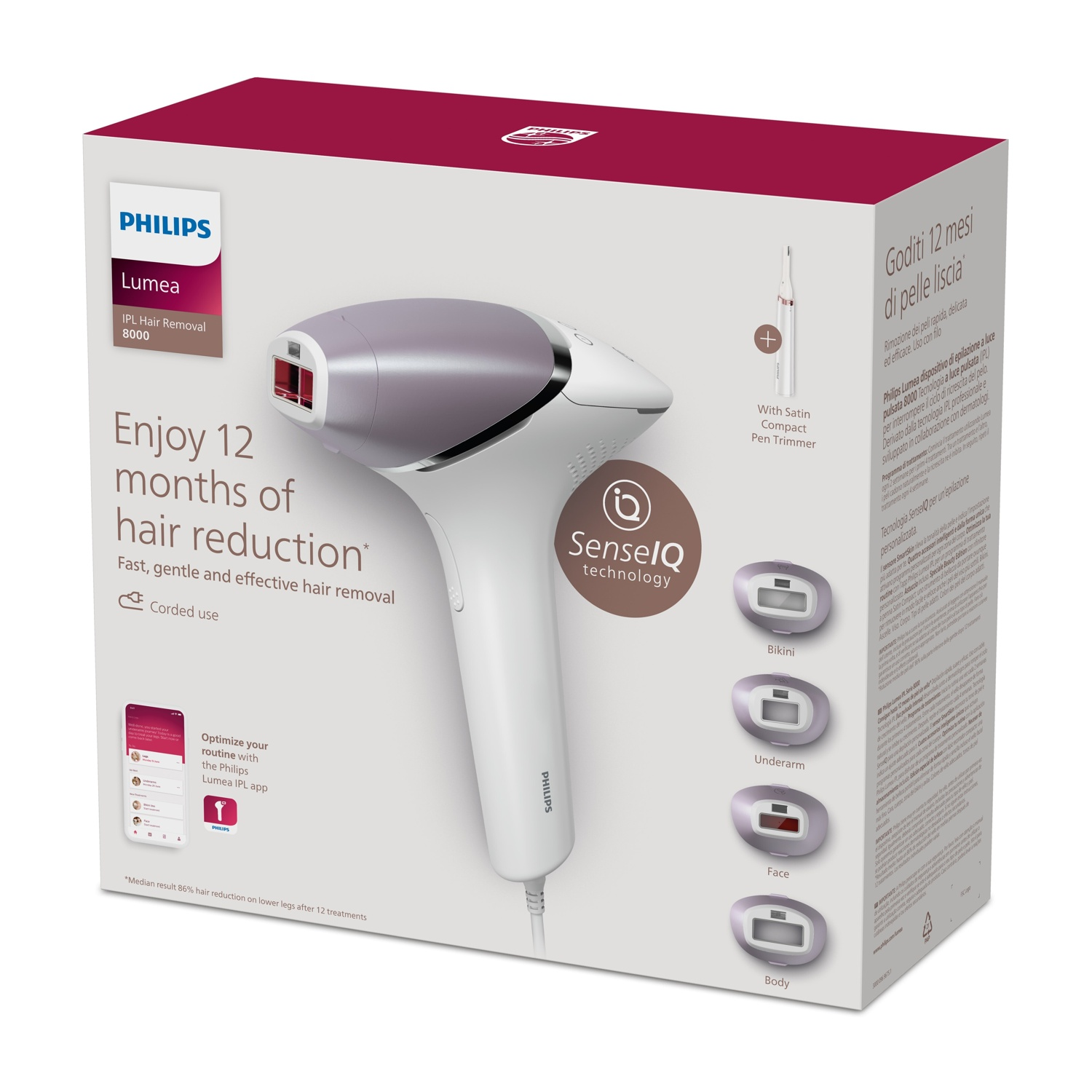 Una scatola del dispositivo di epilazione IPL Philips Lumea con il dispositivo, la scatola mostra i dettagli d'uso.