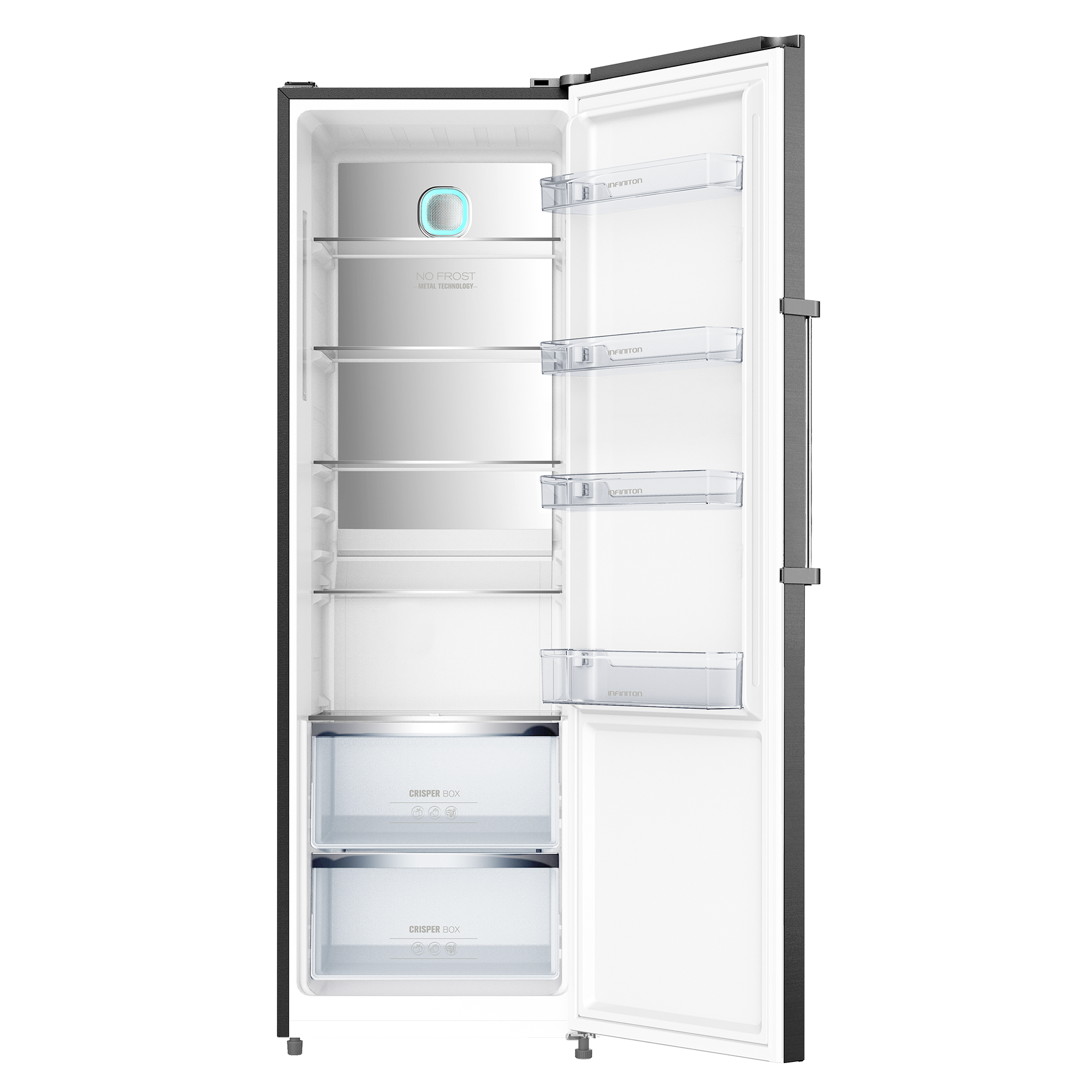 Un refrigerador abierto con estantes, cajones y una luz azul, mostrado sobre un fondo blanco.