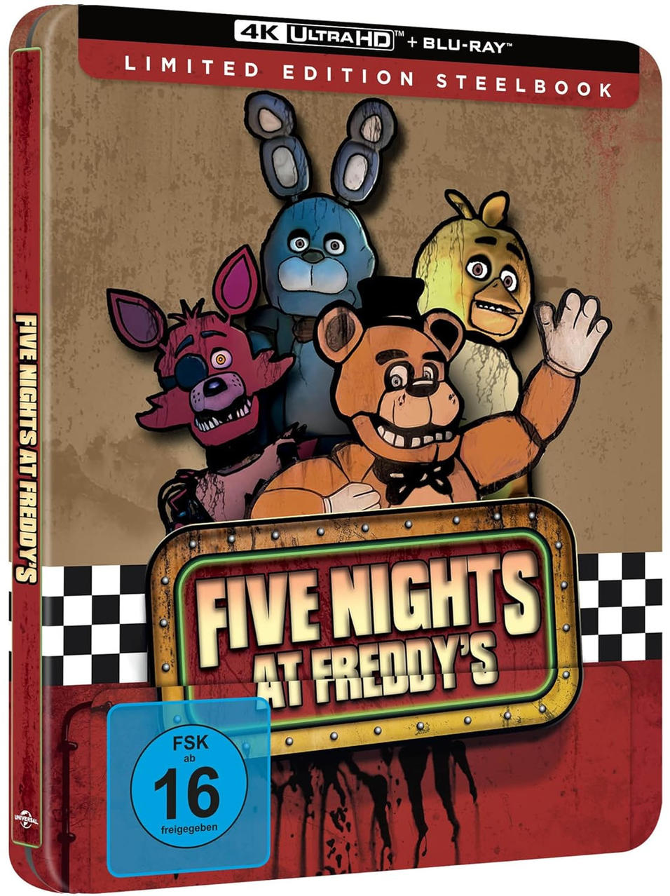 Ein Filmcover für Five Nights at Freddy's, mit Cartoon-Charakteren und einem Titel auf rotem und braunem Hintergrund.