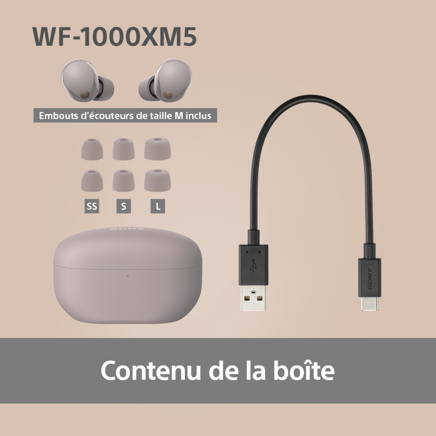 Écouteurs, étui et câble USB-C. Écouteurs et étui sont roses. Texte : 'Contenu de la boîte'.