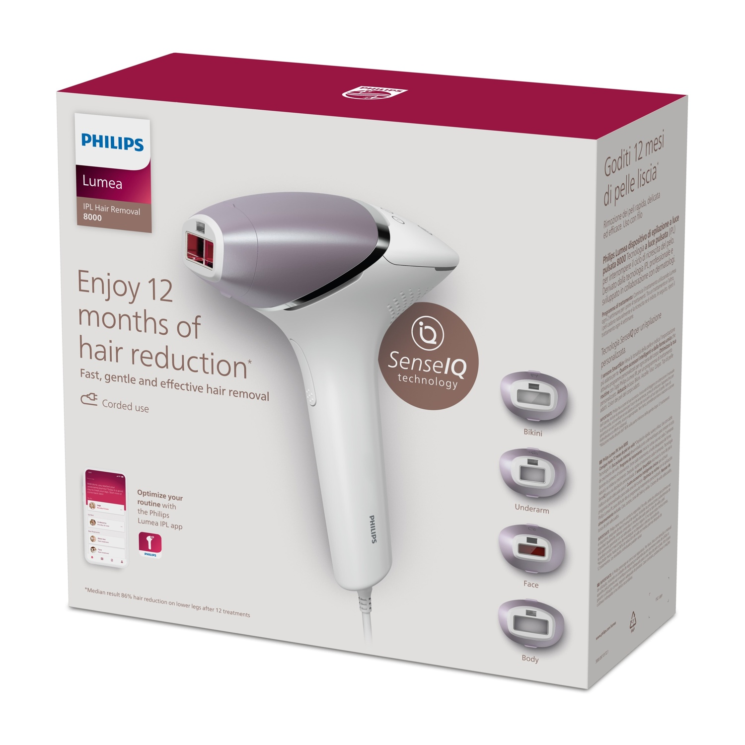 Scatola del dispositivo di epilazione IPL Philips Lumea, con dispositivo e accessori.