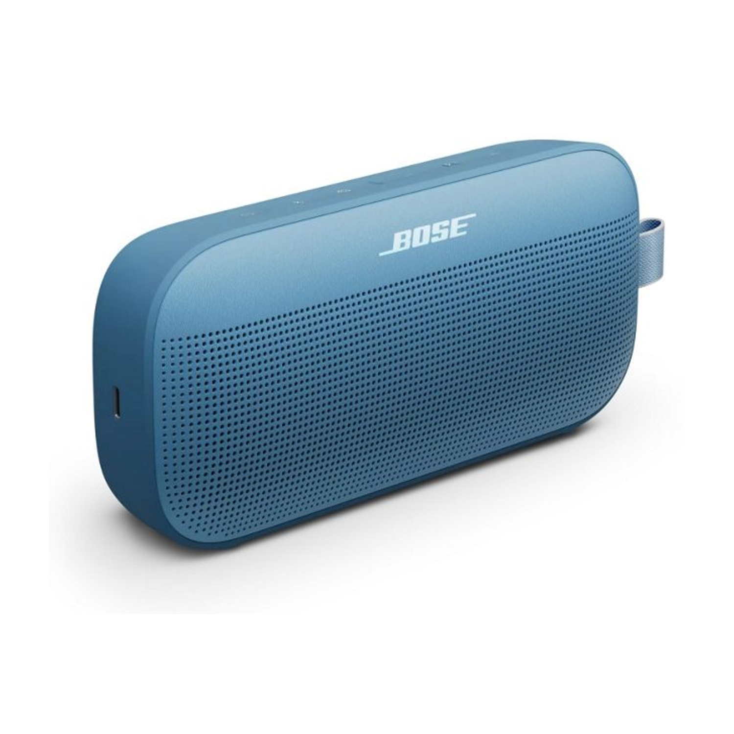 Un altoparlante Bose blu con cinturino, su sfondo bianco.