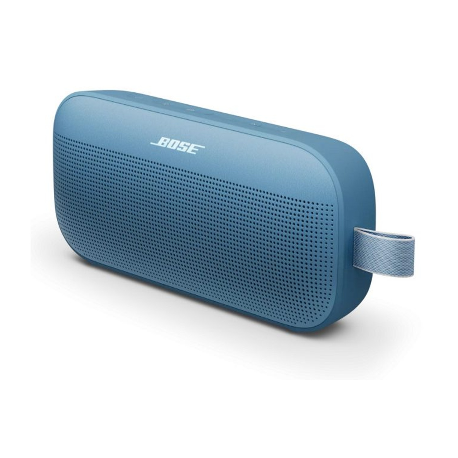 Altoparlante portatile Bose blu su sfondo bianco. Vista angolata.
