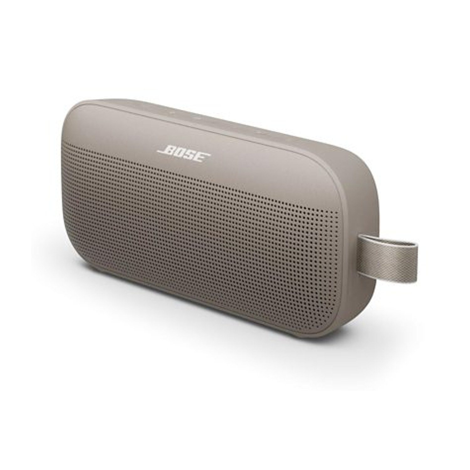 Un altoparlante Bose color cachi su una superficie bianca. Ha una maniglia e piccoli fori.