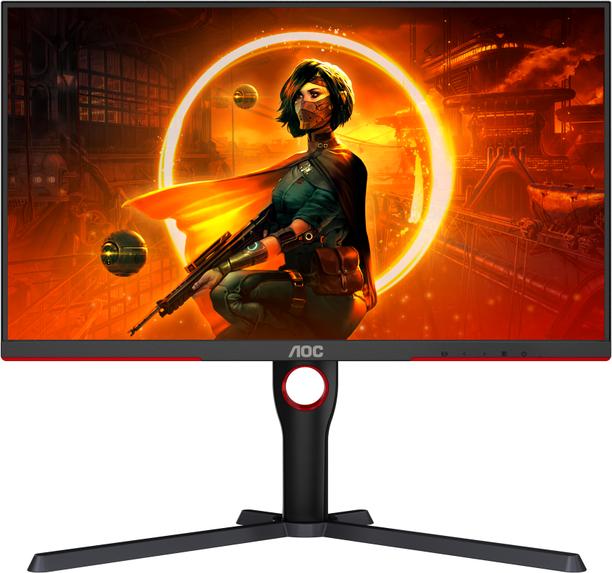 AOC gamer monitor egy nővel a képernyőn, aki puskát tart.