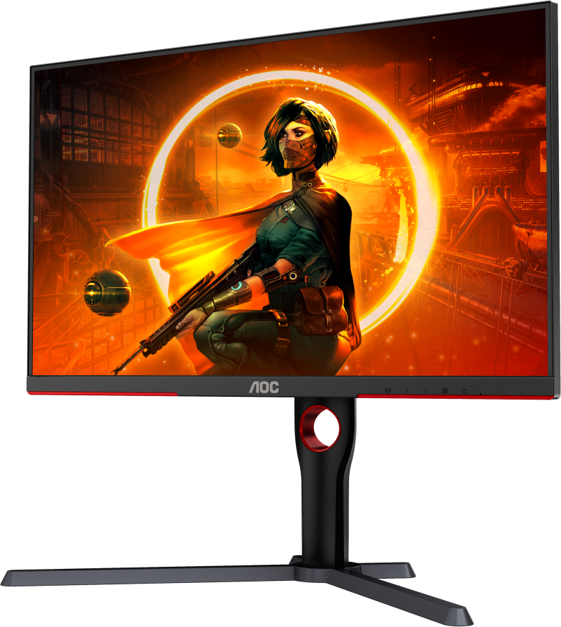 AOC monitor egy játékjelenetet mutat, egy nővel és fegyverekkel, egy futurisztikus városban.