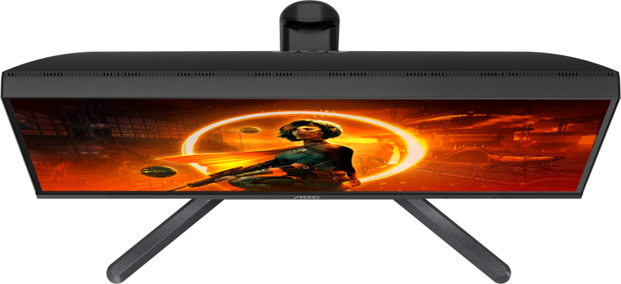 Fekete AOC monitor felülről. A képernyő egy sci-fi képet mutat egy nővel.