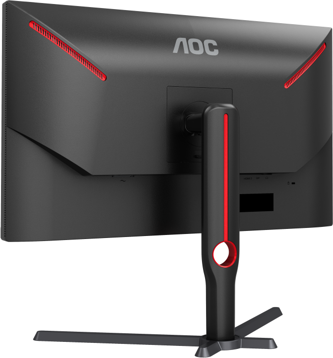 Egy fekete AOC gaming monitor hátulja piros díszítéssel, állvánnyal és portokkal.