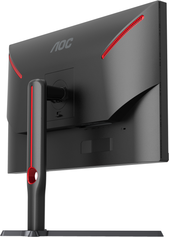 Fekete monitor hátlap piros betétekkel, piros csíkos állvánnyal és AOC logóval.