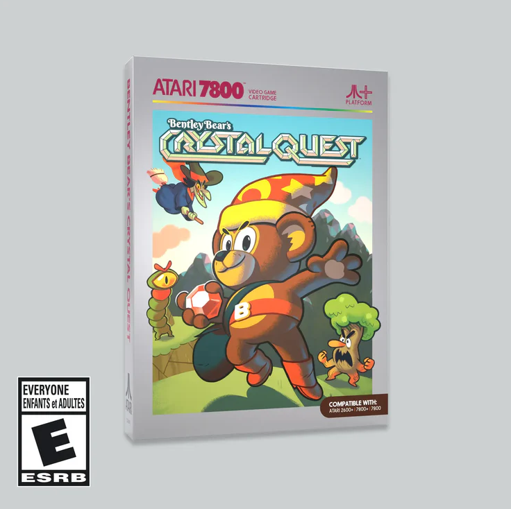 Caja del juego Crystal Quest de Bentley Bear. Oso de dibujos animados en la portada.