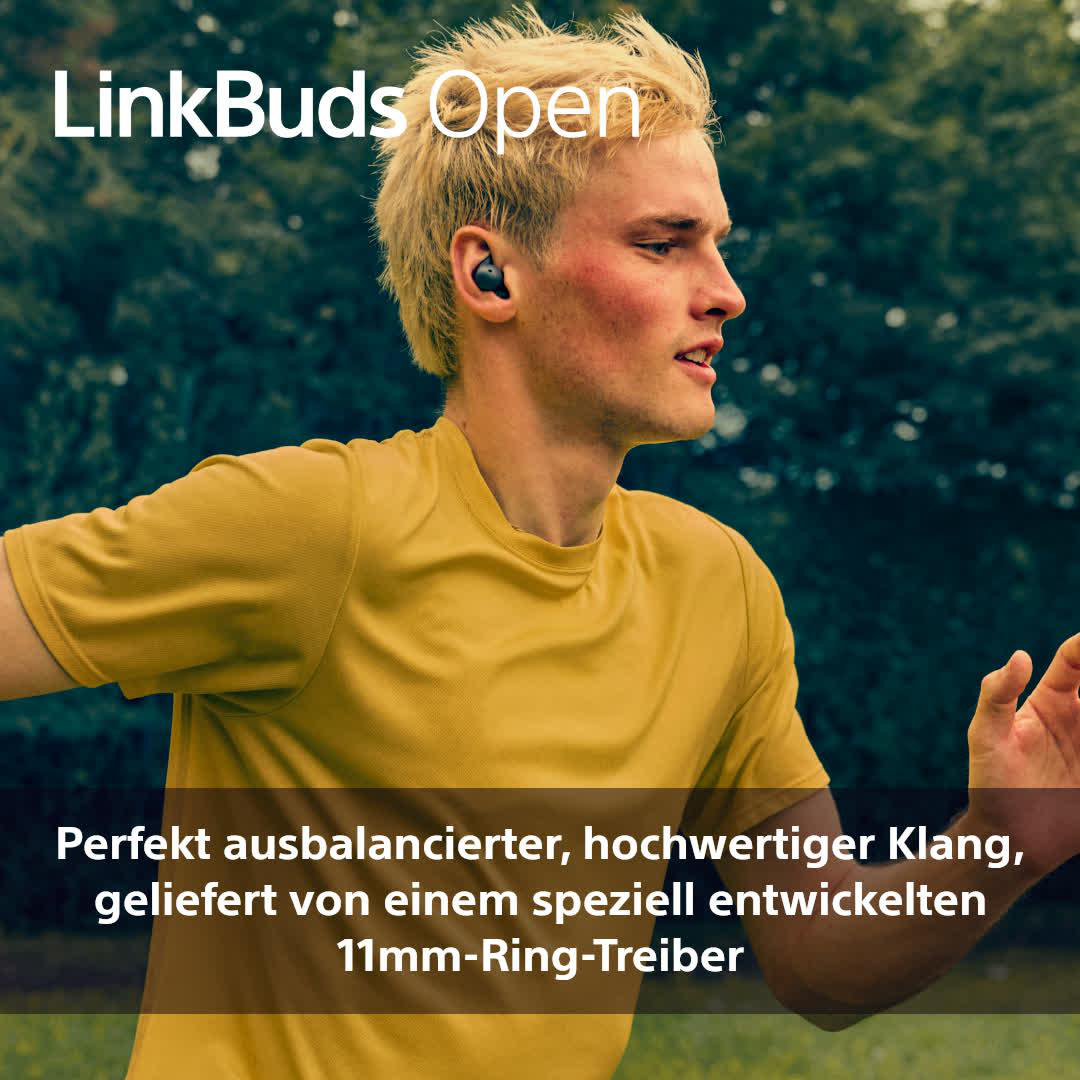 Junger Mann rennt. Er trägt ein gelbes Hemd und LinkBuds-Ohrhörer. Text ist ebenfalls sichtbar.