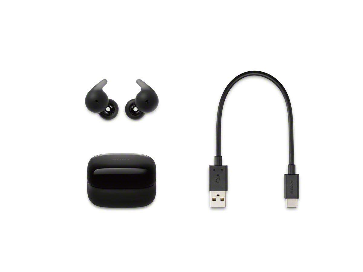 Schwarze kabellose Ohrhörer, Ladecase und ein USB-C-Kabel.