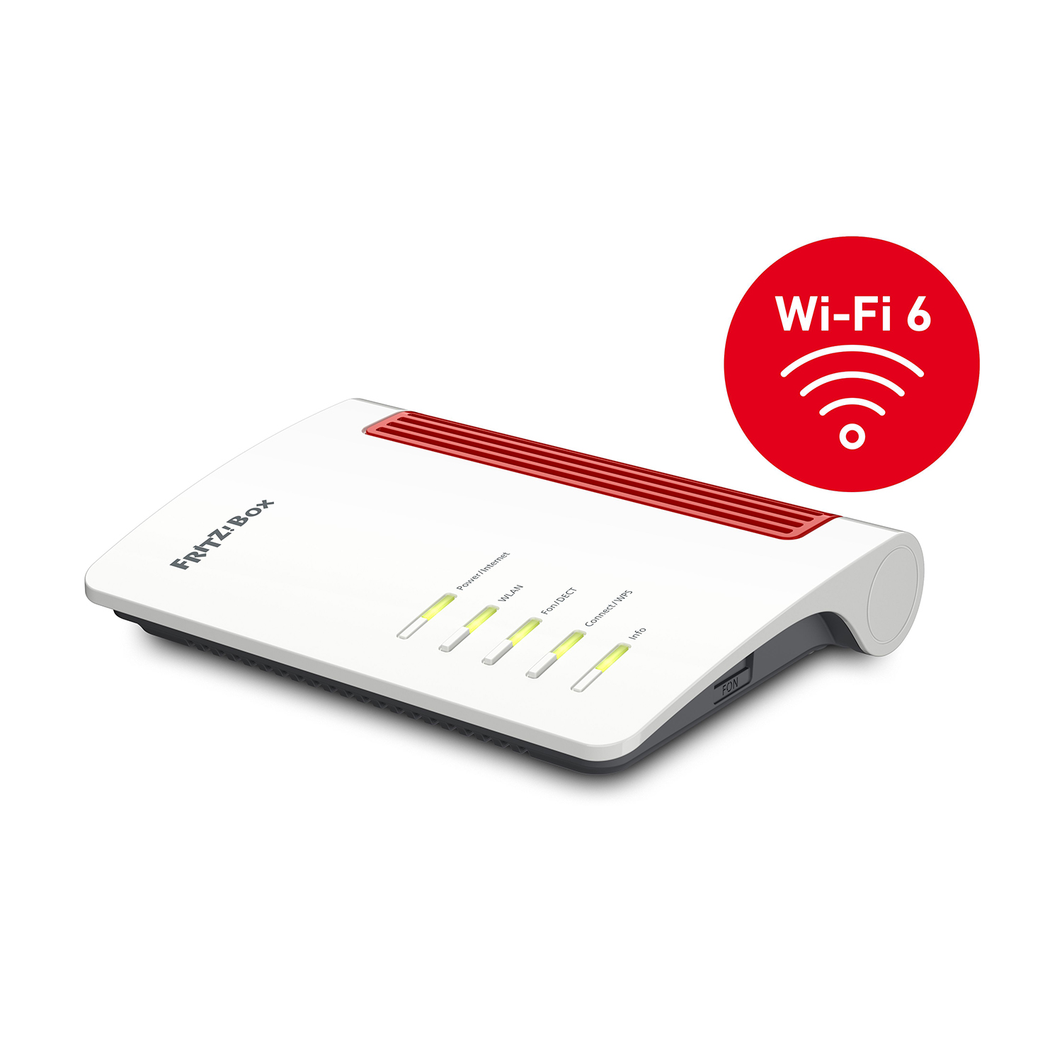 Router bianco con parte superiore rossa e logo Wi-Fi 6.