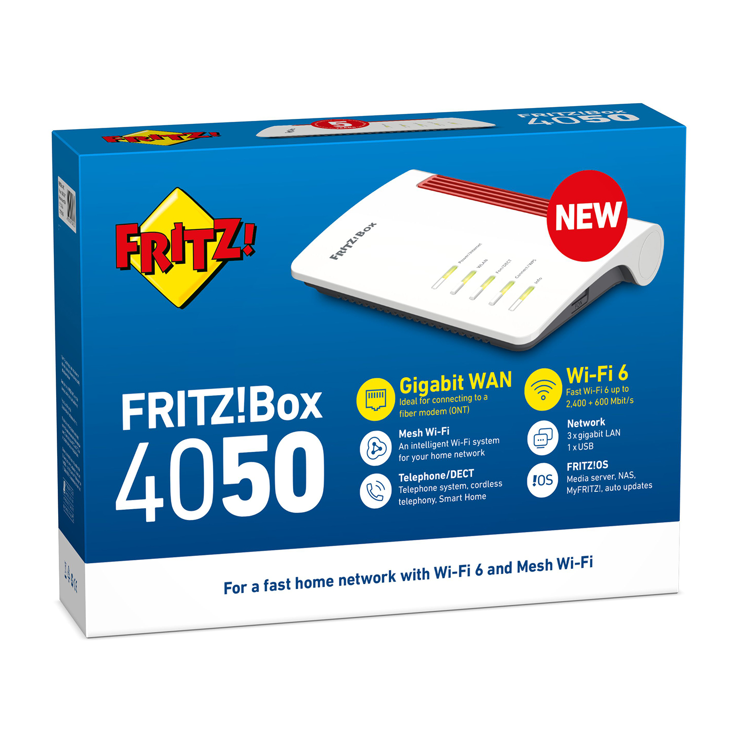 Una scatola blu con sopra un router bianco, con testo che descrive le funzionalità e il marchio, Frit!Box 4050.