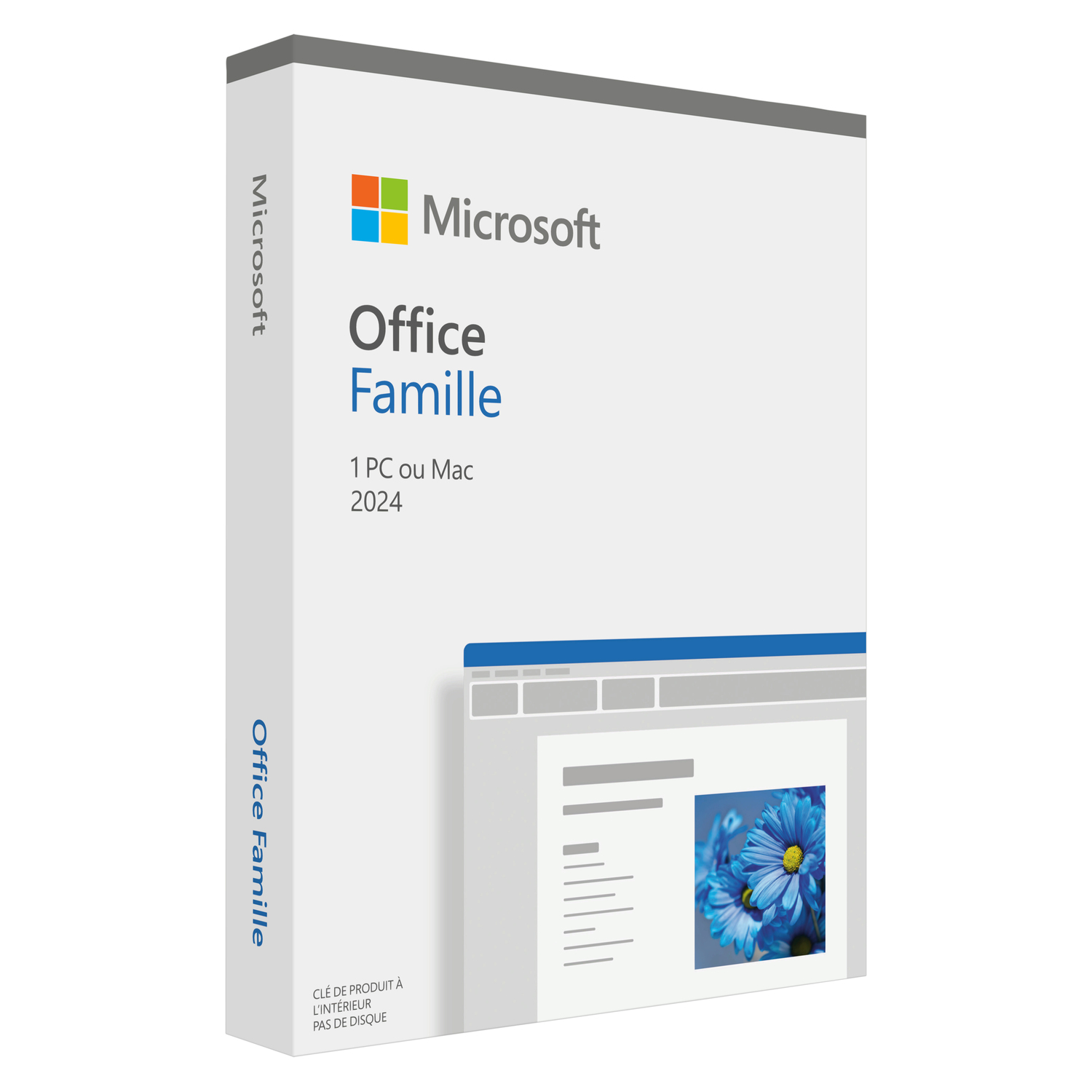 Microsoft Office Family box. White with colorful logo and product details. Blue floral image on the screen.