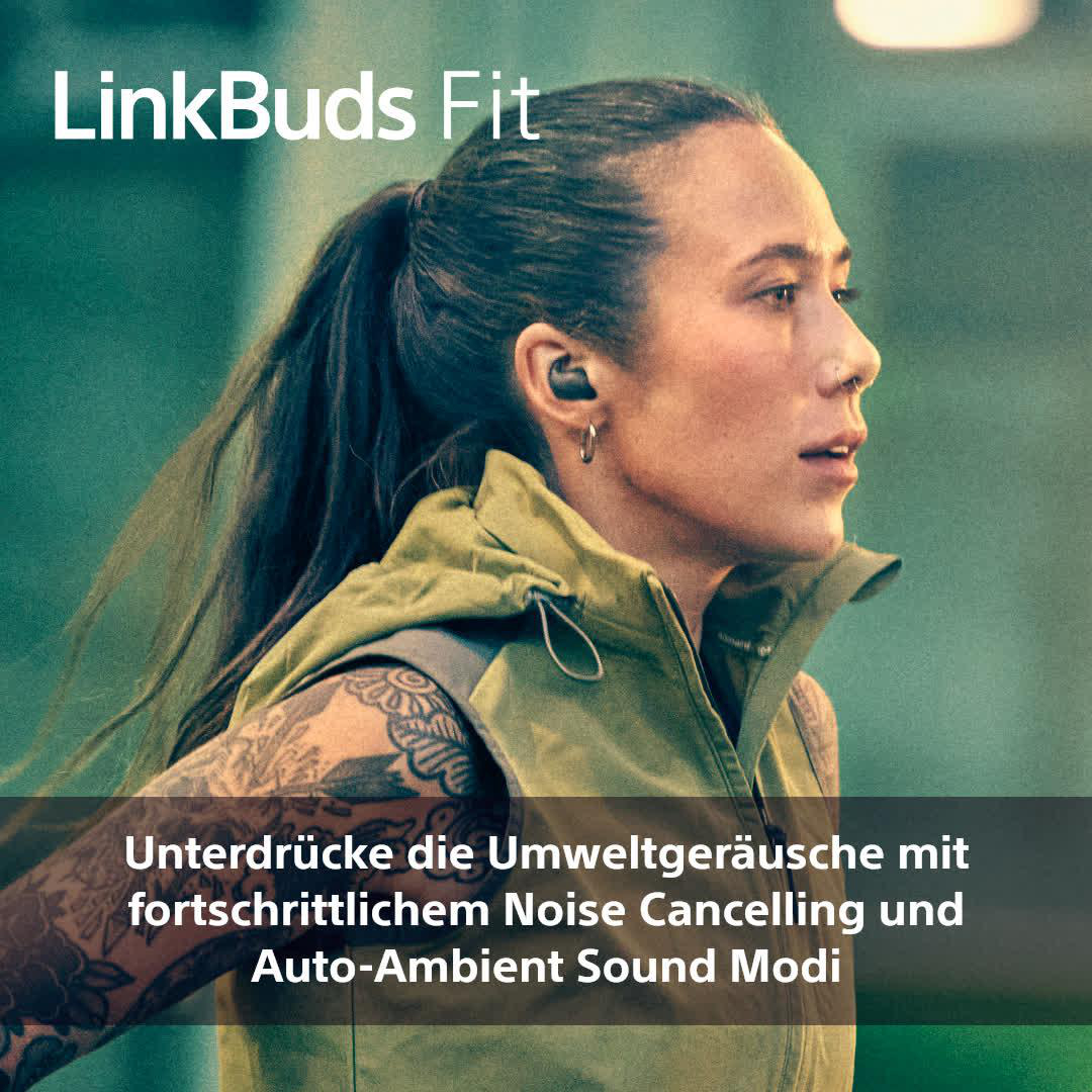 Junge Frau mit Ohrhörern, mit Text 'LinkBuds Fit' und Beschreibung.