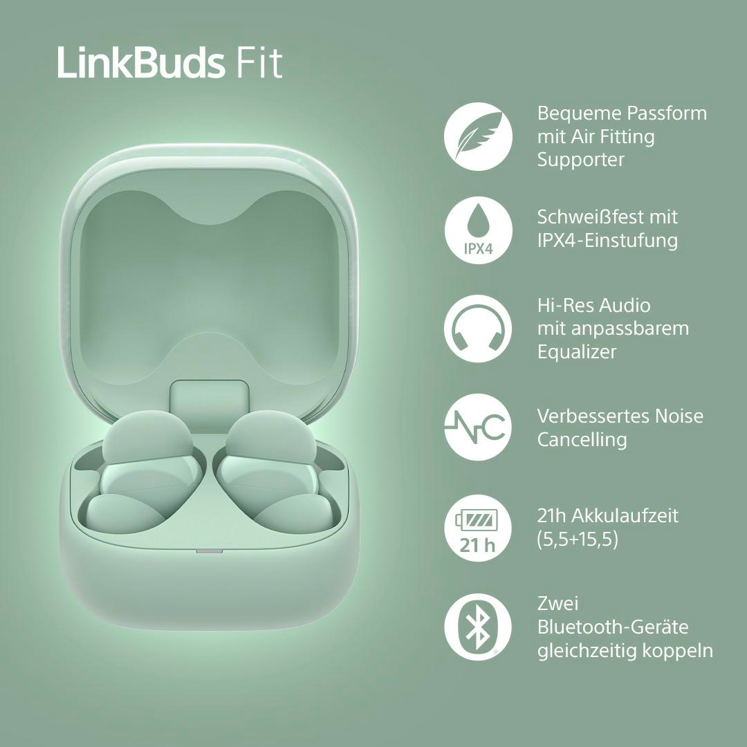 Grünes Ohrhörer-Etui offen mit Ohrhörern, Infografiken zu Funktionen und Text.