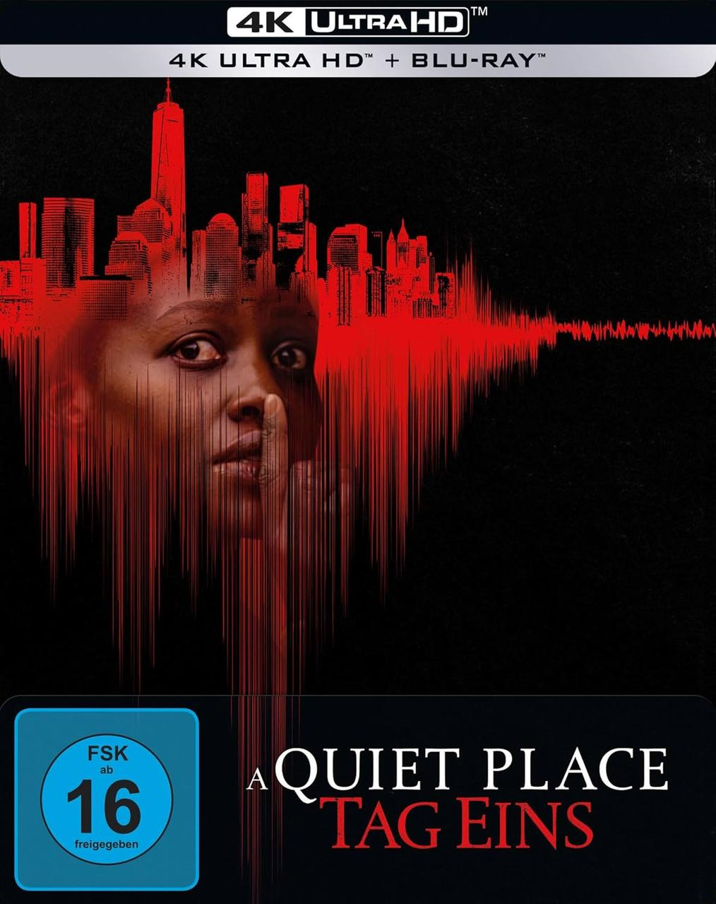 DVD-Cover, Frau mit Finger an den Lippen, rote Stadtlandschaftsgrafik und Text. 4K Ultra HD + Blu-ray.