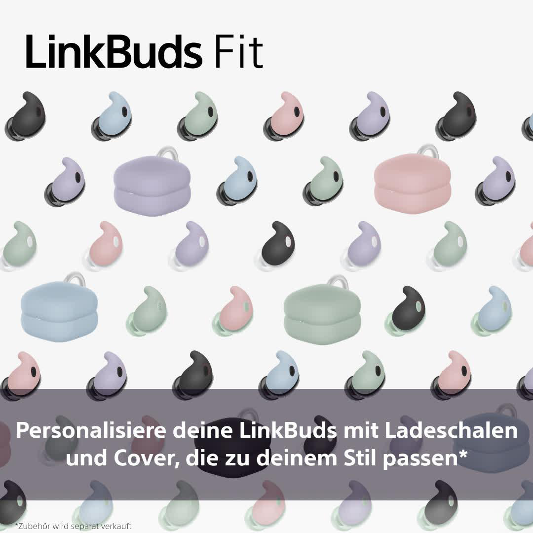 Verschiedene farbige Ohrhörer und Ladekoffer sind in einem Raster angeordnet.
