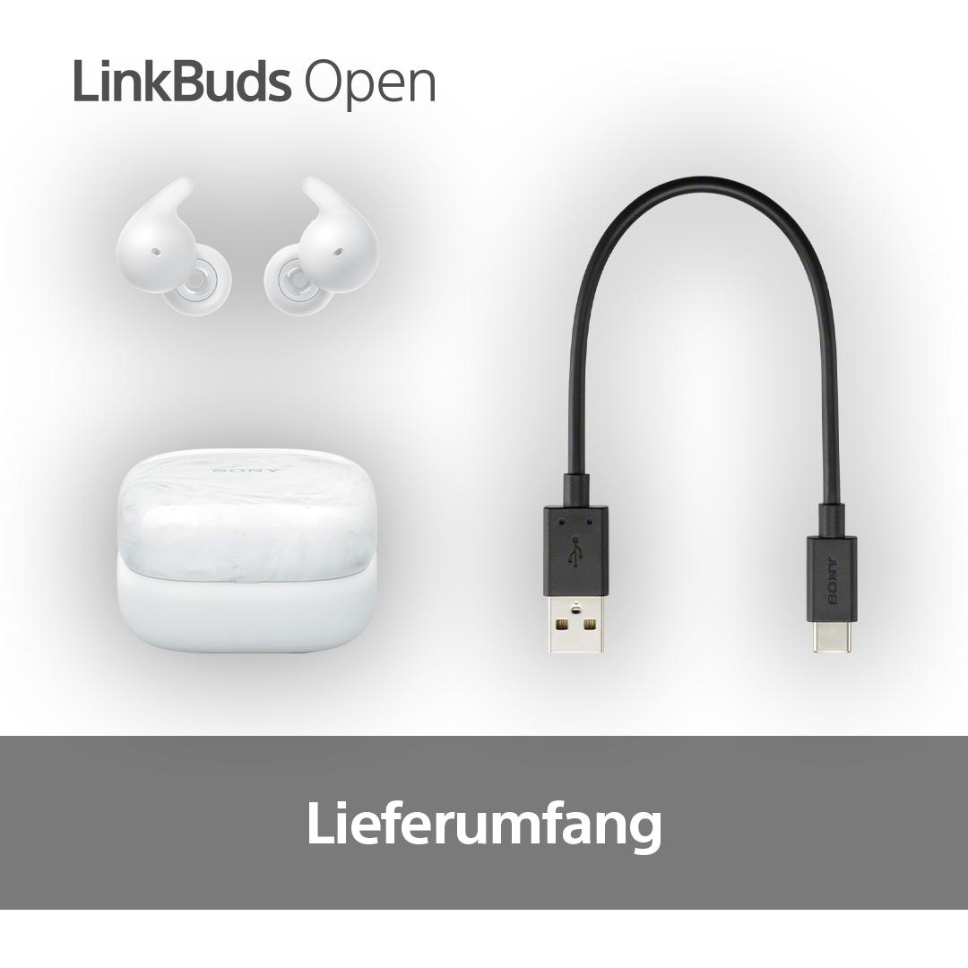 Weiße Ohrhörer, Ladecase und schwarzes USB-Kabel auf weißem Hintergrund. Text: LinkBuds Open.