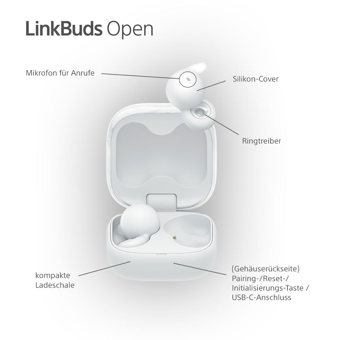 Weiße Ohrhörer in offener Ladebox. Etiketten zeigen auf Komponenten wie Mikrofon und USB-C-Anschluss.