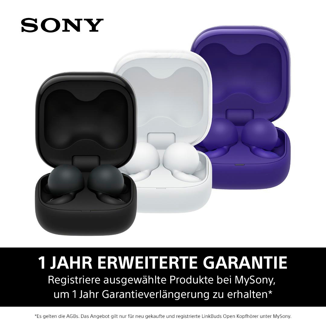 Drei Sets Ohrhörer in geöffneten Cases. Text: '1 Jahr erweiterte Garantie'.