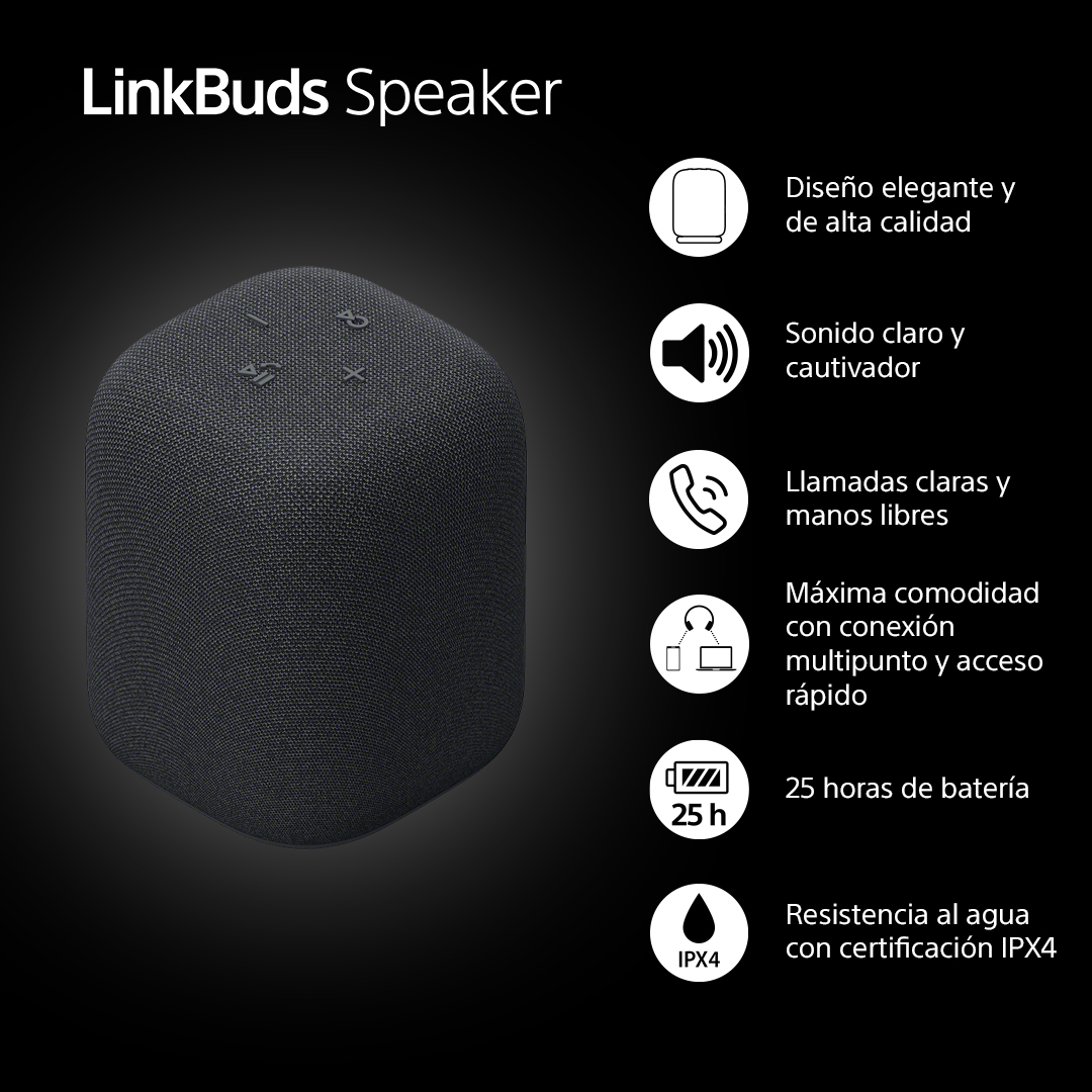 Un altavoz negro en forma de cubo con botones y un anillo en el lateral.