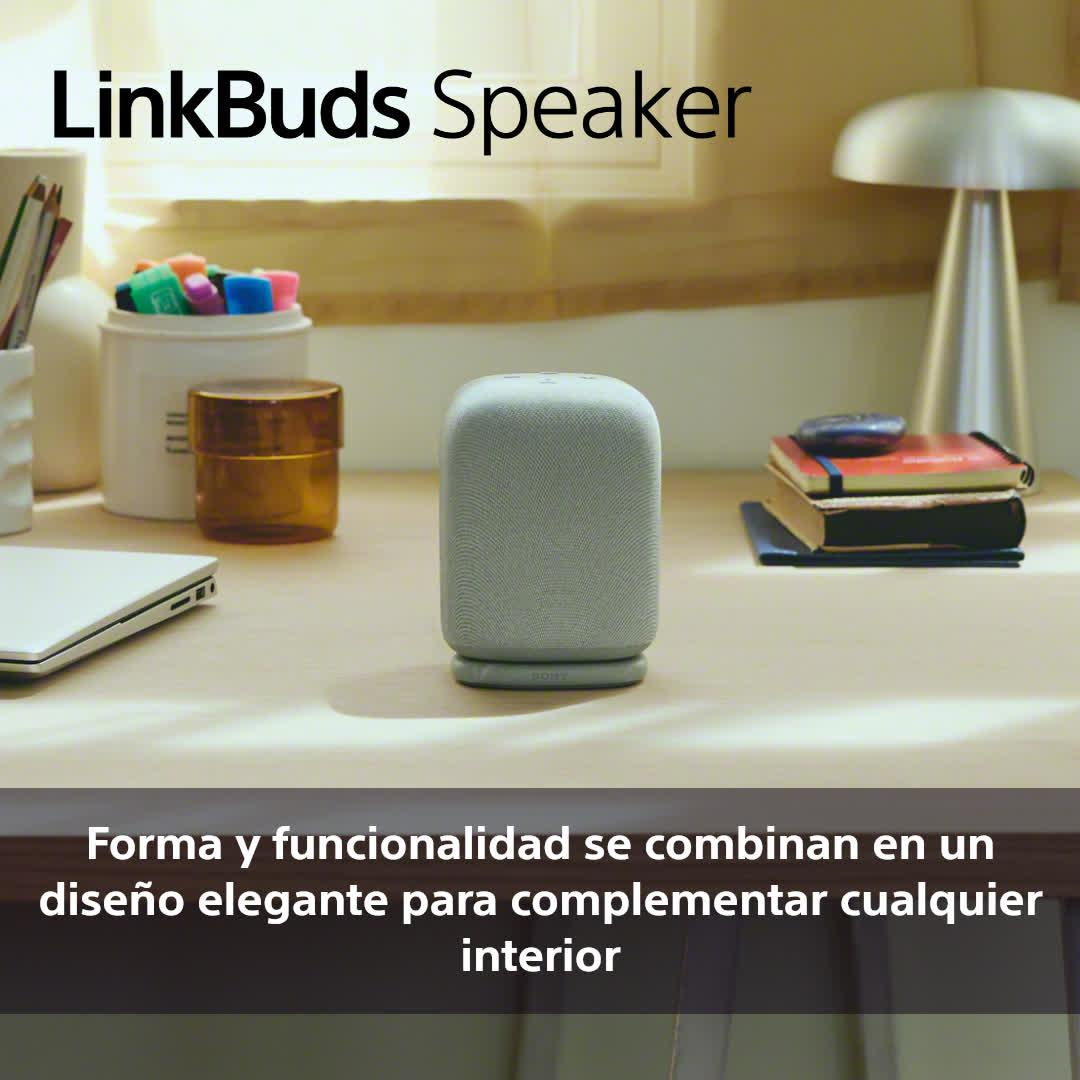 Altavoz gris en un escritorio con otros objetos. Texto: 'LinkBuds Speaker'.