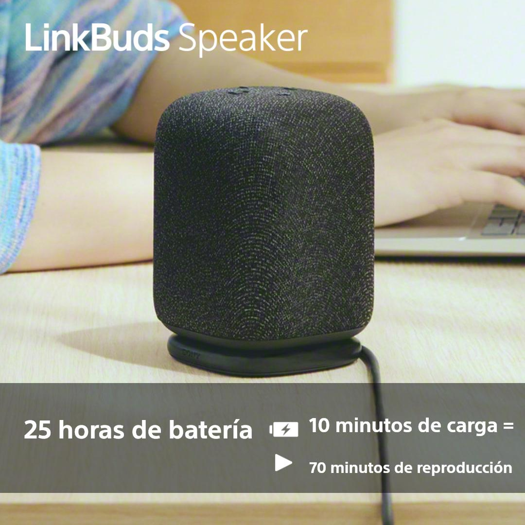 Altavoz negro con textura de tela. Texto muestra 25 horas de batería, 10 min carga = 70 min reproducción.